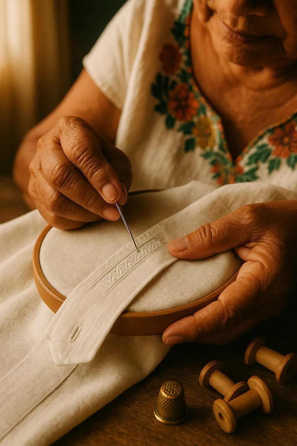 Manos de artesana yucateca bordando una guayabera